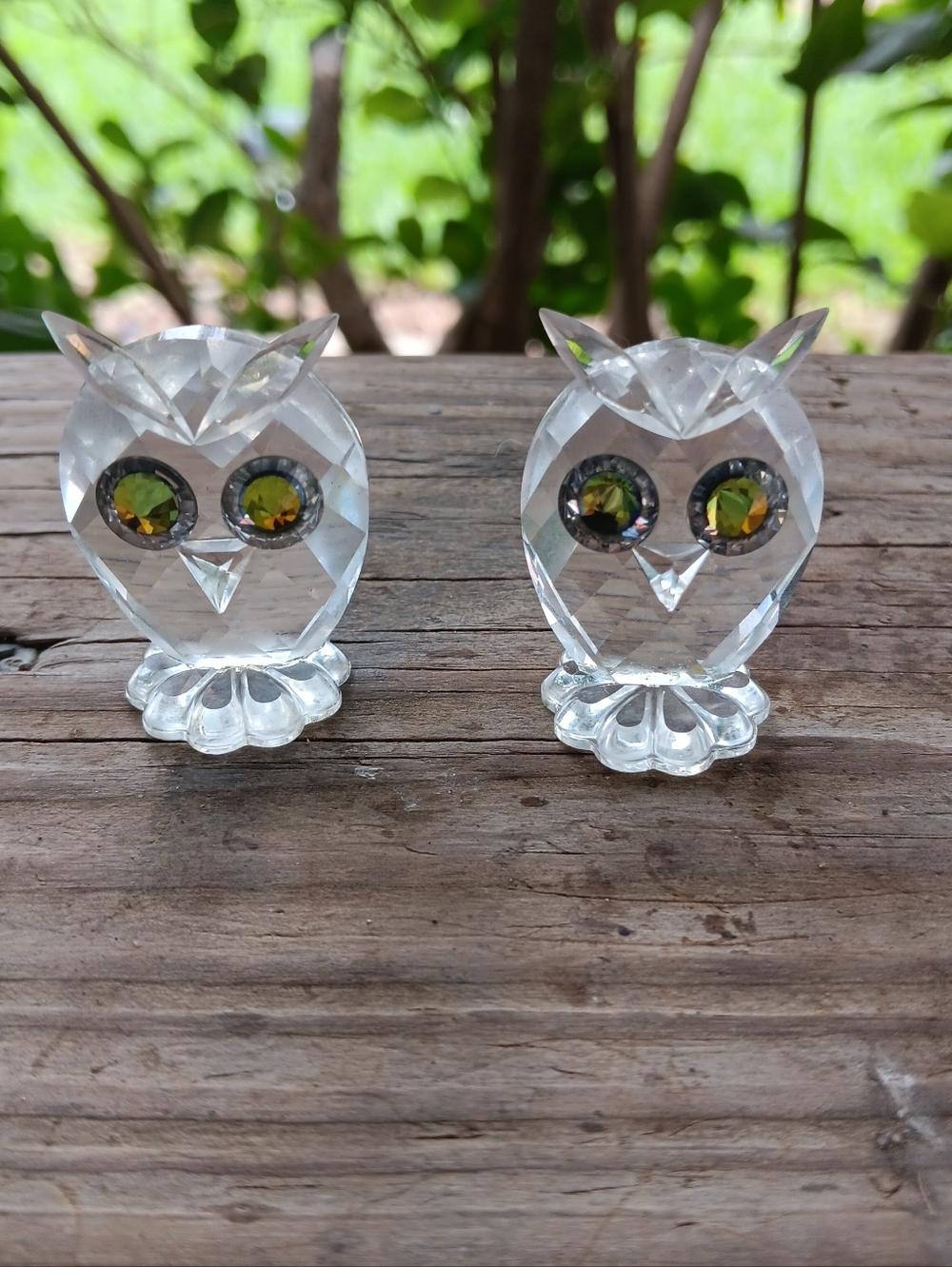 Set Of 2 Swarovski Crystal Night Owl Figurines 7636 Yellow Green Eyes